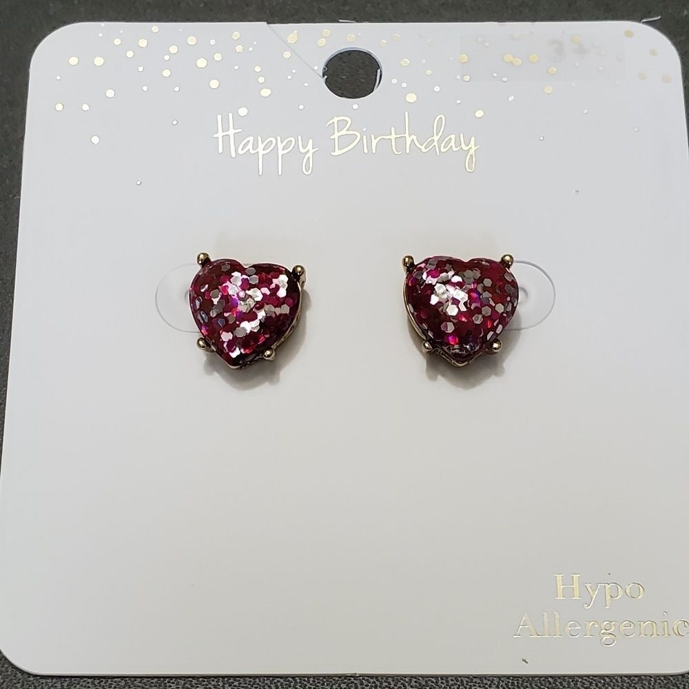Gold tone pink heart glitter earrings